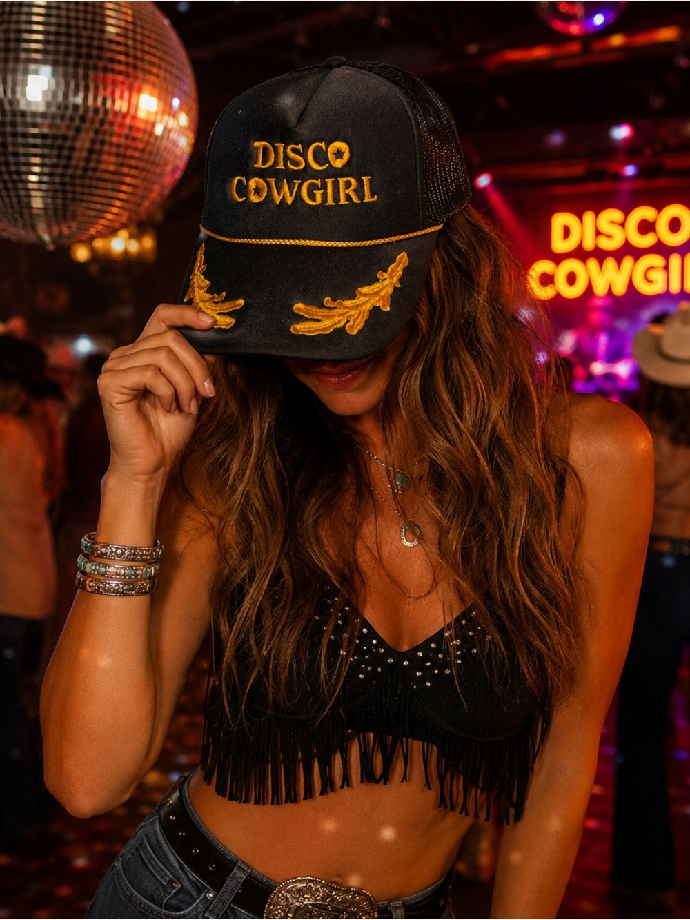 Disco Cowgirl Embroidered Black Trucker Baseball Cap